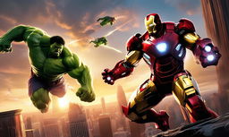 Digital art depicting Iron Man in his gleaming armor engaged in an intense battle with the Hulk amidst a cityscape at sunset.