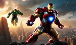 Digital art depicting Iron Man in his gleaming armor engaged in an intense battle with the Hulk amidst a cityscape at sunset.