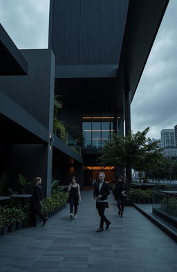 A modern dark atmosphere, featuring sleek, minimalist architecture with a moody color palette