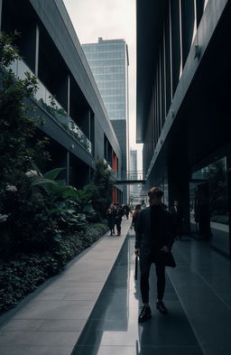 A modern dark atmosphere, featuring sleek, minimalist architecture with a moody color palette