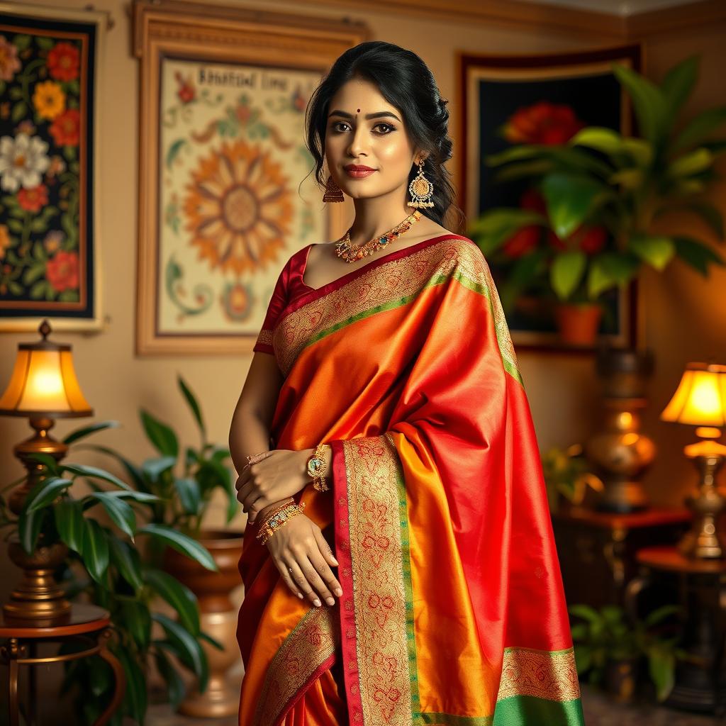 A beautiful Indian woman gracefully wearing a vibrant and intricately designed sari, showcasing a blend of rich colors like deep red, gold, and green