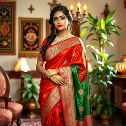 A beautiful Indian woman gracefully wearing a vibrant and intricately designed sari, showcasing a blend of rich colors like deep red, gold, and green