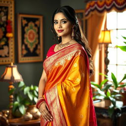 A beautiful Indian woman gracefully wearing a vibrant and intricately designed sari, showcasing a blend of rich colors like deep red, gold, and green