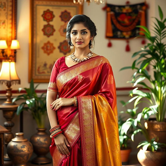 A beautiful Indian woman gracefully wearing a vibrant and intricately designed sari, showcasing a blend of rich colors like deep red, gold, and green