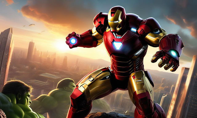 Digital art depicting Iron Man in his gleaming armor engaged in an intense battle with the Hulk amidst a cityscape at sunset.