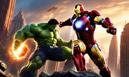 Digital art depicting Iron Man in his gleaming armor engaged in an intense battle with the Hulk amidst a cityscape at sunset.