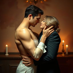 An intimate scene between two adult figures, depicted artfully to emphasize passion and connection