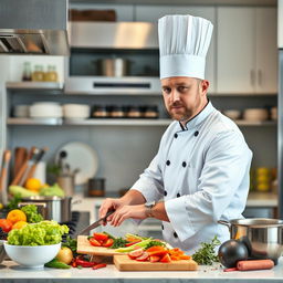 A middle-aged male chef, around 40 years old, wearing a traditional white chef's coat and a tall white chef's hat, skillfully preparing a gourmet dish in a modern kitchen