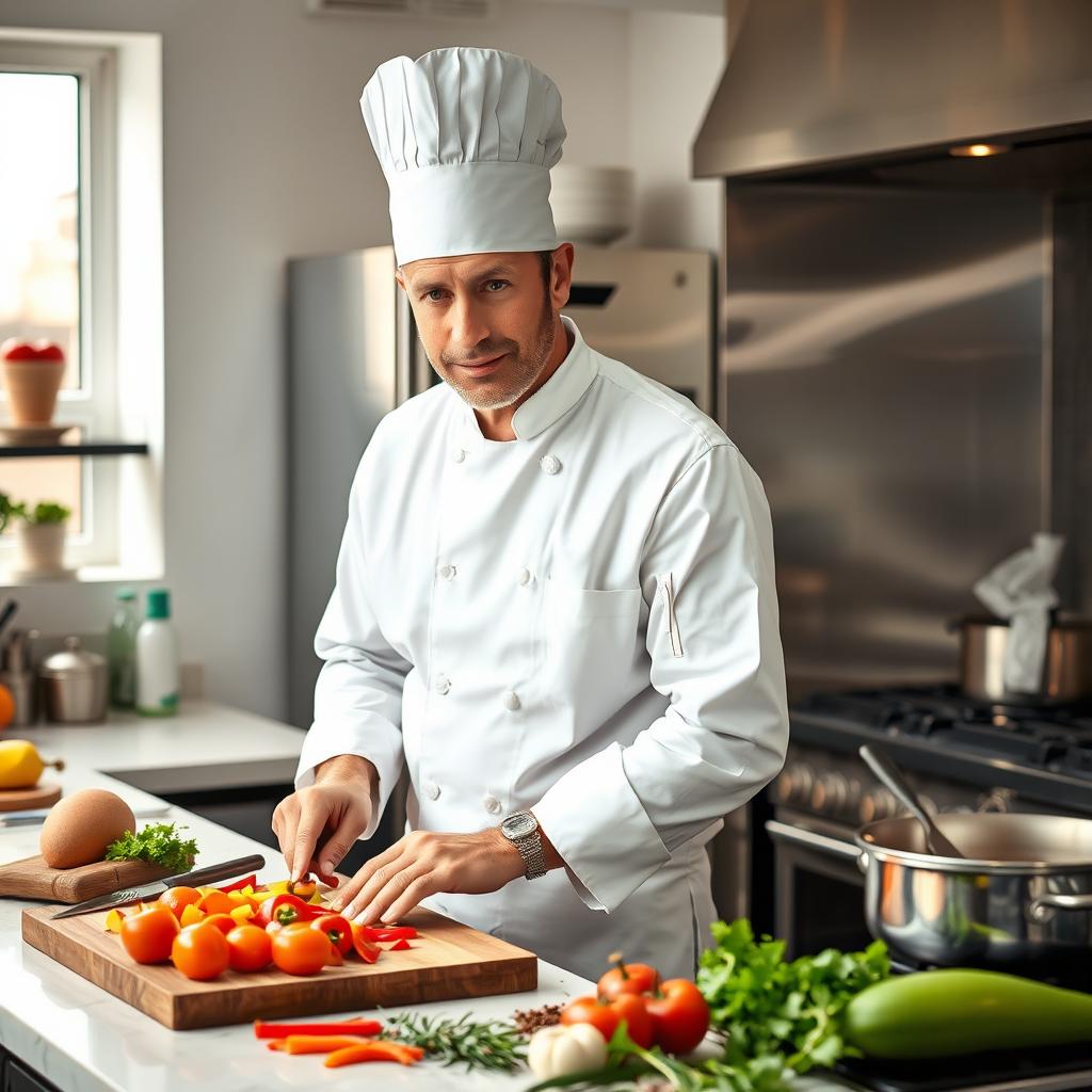 A middle-aged male chef, around 40 years old, wearing a traditional white chef's coat and a tall white chef's hat, skillfully preparing a gourmet dish in a modern kitchen