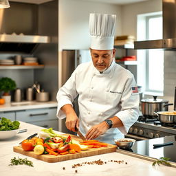 A middle-aged male chef, around 40 years old, wearing a traditional white chef's coat and a tall white chef's hat, skillfully preparing a gourmet dish in a modern kitchen