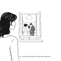 A minimalist black and white book cover illustrating a scene where a woman watches her female neighbor having an intimate encounter with a mysterious man through their kitchen window