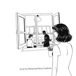 A minimalist black and white book cover illustrating a scene where a woman watches her female neighbor having an intimate encounter with a mysterious man through their kitchen window
