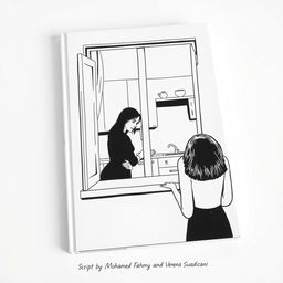 A minimalist black and white book cover illustrating a scene where a woman watches her female neighbor having an intimate encounter with a mysterious man through their kitchen window