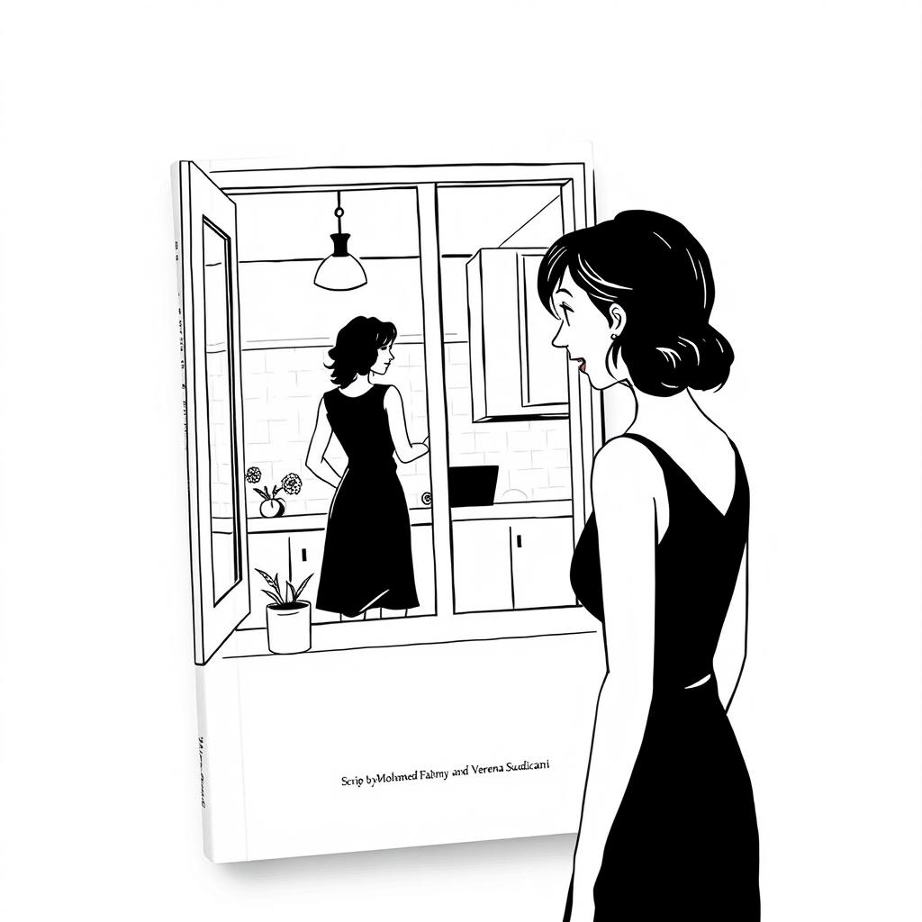 A minimalist black and white book cover illustrating a scene where a woman watches her female neighbor having an intimate encounter with a mysterious man through their kitchen window