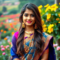 A beautiful Indian girl dressed in a traditional vibrant Sari, adorned with intricate embroidery and rich patterns