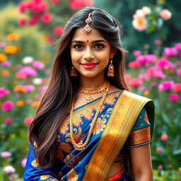 A beautiful Indian girl dressed in a traditional vibrant Sari, adorned with intricate embroidery and rich patterns