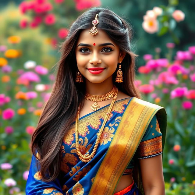 A beautiful Indian girl dressed in a traditional vibrant Sari, adorned with intricate embroidery and rich patterns