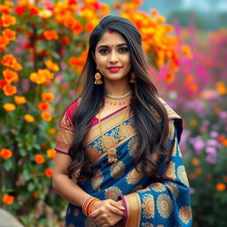 A beautiful Indian girl dressed in a traditional vibrant Sari, adorned with intricate embroidery and rich patterns