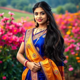 A beautiful Indian girl dressed in a traditional vibrant Sari, adorned with intricate embroidery and rich patterns