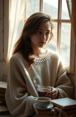 Aesthetic portrait of a lonely girl in her twenties, sitting by a vintage window, soft sunlight filtering through sheer curtains, a pensive expression on her face, wearing a cozy oversized sweater, surrounded by scattered books and a steaming cup of tea, warm and inviting color palette, ethereal atmosphere with a hint of melancholy, gentle bokeh in the background, reflecting a sense of solitude and introspection