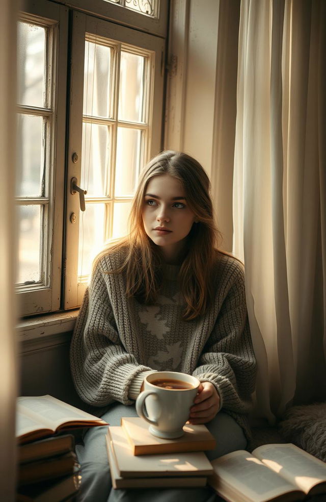 Aesthetic portrait of a lonely girl in her twenties, sitting by a vintage window, soft sunlight filtering through sheer curtains, a pensive expression on her face, wearing a cozy oversized sweater, surrounded by scattered books and a steaming cup of tea, warm and inviting color palette, ethereal atmosphere with a hint of melancholy, gentle bokeh in the background, reflecting a sense of solitude and introspection