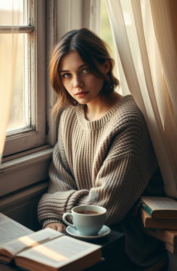 Aesthetic portrait of a lonely girl in her twenties, sitting by a vintage window, soft sunlight filtering through sheer curtains, a pensive expression on her face, wearing a cozy oversized sweater, surrounded by scattered books and a steaming cup of tea, warm and inviting color palette, ethereal atmosphere with a hint of melancholy, gentle bokeh in the background, reflecting a sense of solitude and introspection