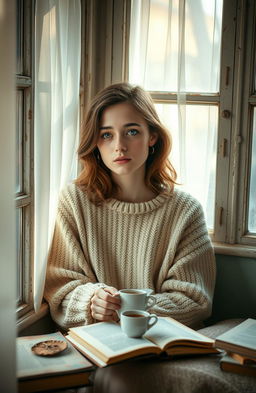 Aesthetic portrait of a lonely girl in her twenties, sitting by a vintage window, soft sunlight filtering through sheer curtains, a pensive expression on her face, wearing a cozy oversized sweater, surrounded by scattered books and a steaming cup of tea, warm and inviting color palette, ethereal atmosphere with a hint of melancholy, gentle bokeh in the background, reflecting a sense of solitude and introspection