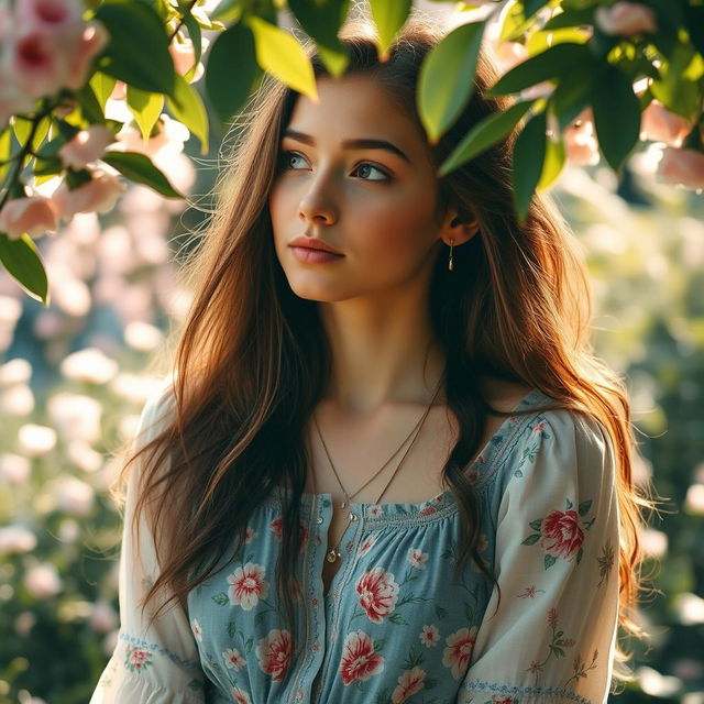 Aesthetic portrait of a young woman in her twenties, wearing a vintage floral dress, surrounded by soft, natural light filtering through leaves