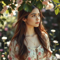 Aesthetic portrait of a young woman in her twenties, wearing a vintage floral dress, surrounded by soft, natural light filtering through leaves