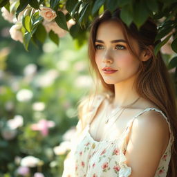 Aesthetic portrait of a young woman in her twenties, wearing a vintage floral dress, surrounded by soft, natural light filtering through leaves