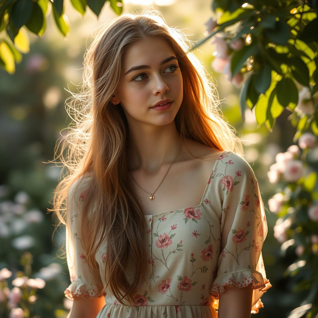 Aesthetic portrait of a young woman in her twenties, wearing a vintage floral dress, surrounded by soft, natural light filtering through leaves