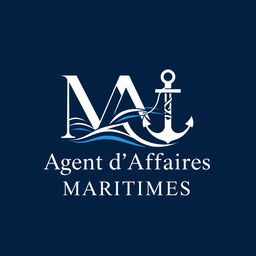 A logo design for 'Agent d'Affaires Maritimes' featuring the letters 'M' and 'I' intertwined in a sophisticated and elegant manner