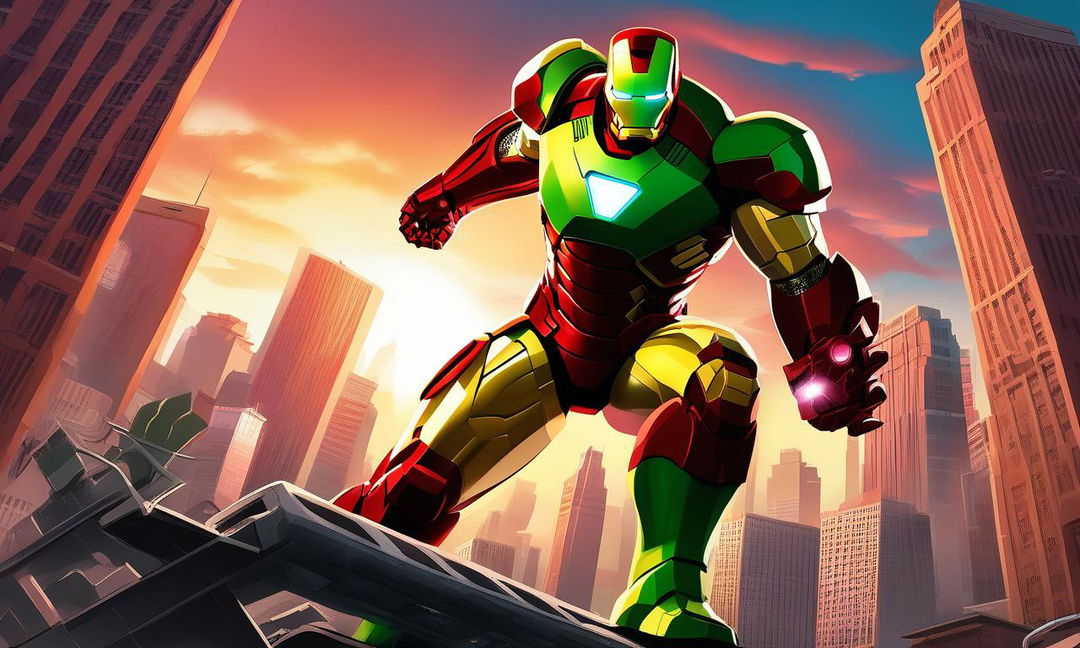 A digital illustration of Iron Man in his iconic armor battling the Hulk in a cityscape under a sunset sky.