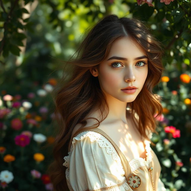 Aesthetic portrait of a young woman in her twenties, with soft, natural makeup and flowing hair, dressed in a vintage, bohemian-style outfit, surrounded by a lush garden filled with colorful flowers and greenery