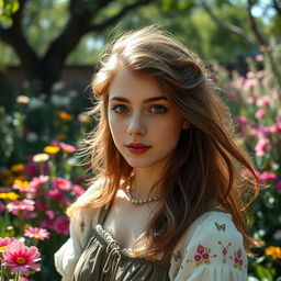 Aesthetic portrait of a young woman in her twenties, with soft, natural makeup and flowing hair, dressed in a vintage, bohemian-style outfit, surrounded by a lush garden filled with colorful flowers and greenery