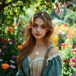 Aesthetic portrait of a young woman in her twenties, with soft, natural makeup and flowing hair, dressed in a vintage, bohemian-style outfit, surrounded by a lush garden filled with colorful flowers and greenery
