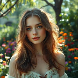 Aesthetic portrait of a young woman in her twenties, with soft, natural makeup and flowing hair, dressed in a vintage, bohemian-style outfit, surrounded by a lush garden filled with colorful flowers and greenery