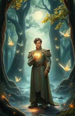 In a mystical forest, a handsome prince stands serenely, his heart glowing with an enchanting light
