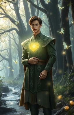In a mystical forest, a handsome prince stands serenely, his heart glowing with an enchanting light
