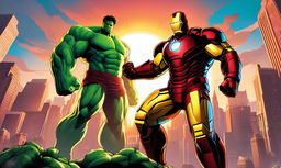 A digital illustration of Iron Man in his iconic armor battling the Hulk in a cityscape under a sunset sky.