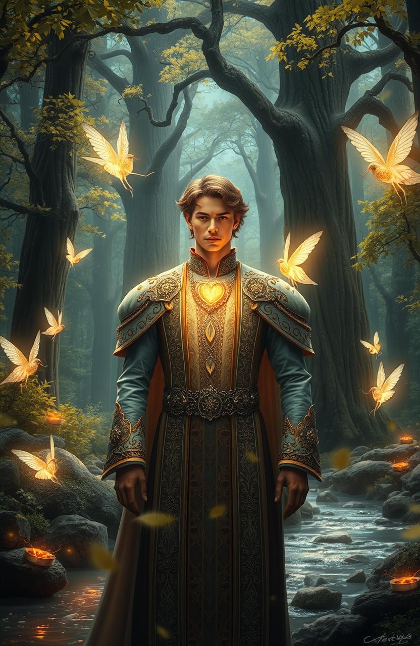 In a mystical forest, a handsome prince stands serenely, his heart glowing with an enchanting light