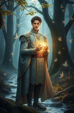 In a mystical forest, a handsome prince stands serenely, his heart glowing with an enchanting light