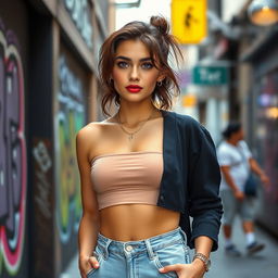 Aesthetic portrait of a modern young woman in her twenties, with trendy fashion sense, featuring a stylish cropped top and high-waisted jeans, accessorized with minimalistic jewelry