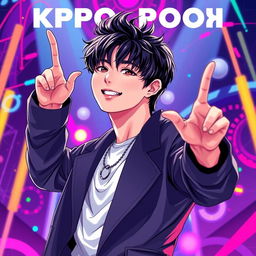 A vibrant and dynamic cover featuring a male K-pop singer in an anime style