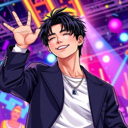 A vibrant and dynamic cover featuring a male K-pop singer in an anime style