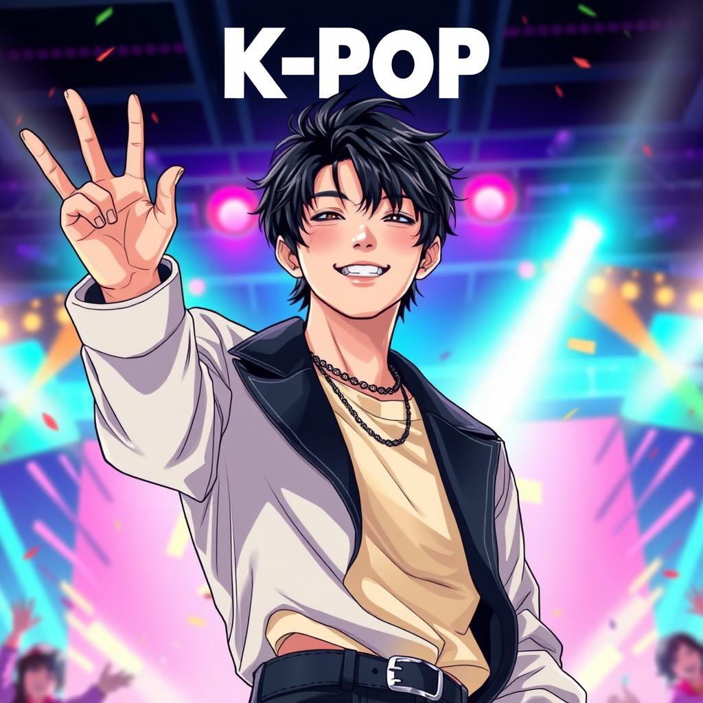 A vibrant and dynamic cover featuring a male K-pop singer in an anime style