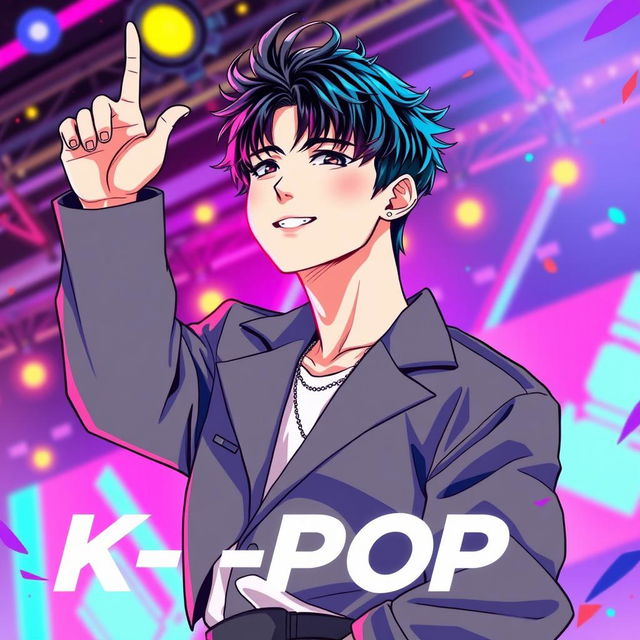 A vibrant and dynamic cover featuring a male K-pop singer in an anime style