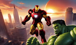 A digital illustration of Iron Man in his iconic armor battling the Hulk in a cityscape under a sunset sky.