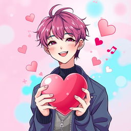 An anime and Korean style cover illustration featuring a male K-pop singer with stylish, vibrant hair and trendy clothing