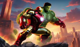 A digital illustration of Iron Man in his iconic armor battling the Hulk in a cityscape under a sunset sky.